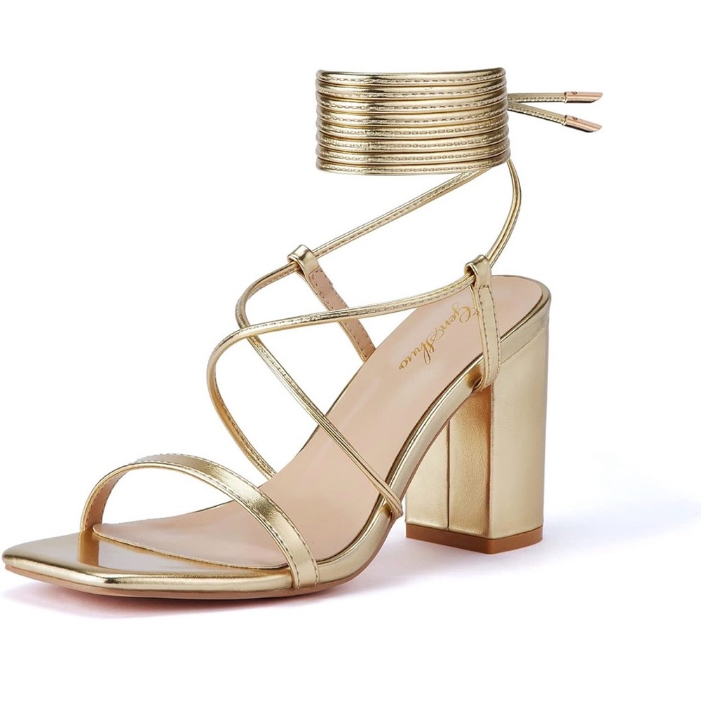 NEVERWORN: Gold Strappy Block Heels